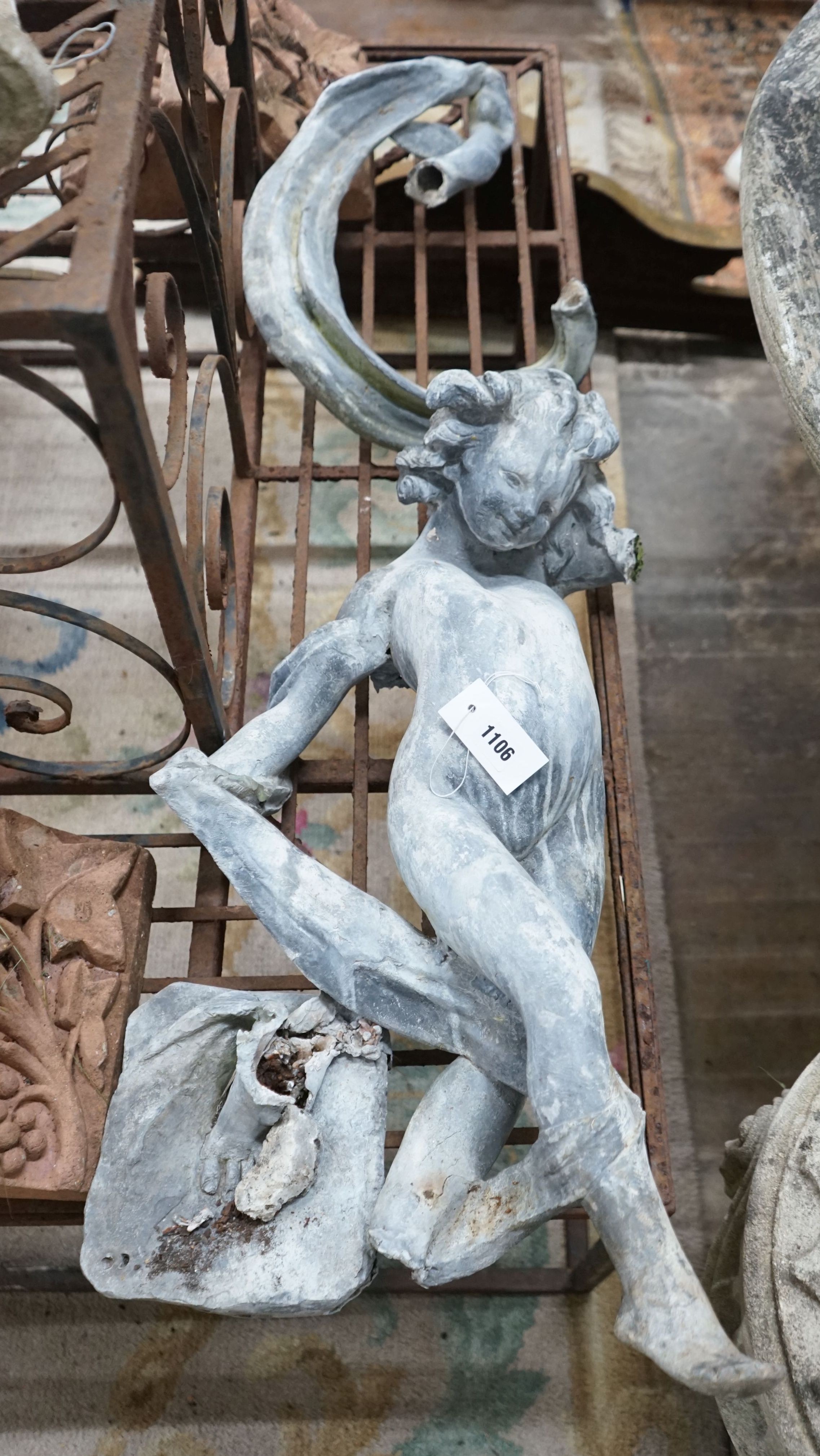 A Victorian lead garden statue requiring restoration, height approx. 75cm